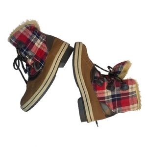 Women’s Preppy Red, Black & White Plaid with Brown Winter Boots with Fur